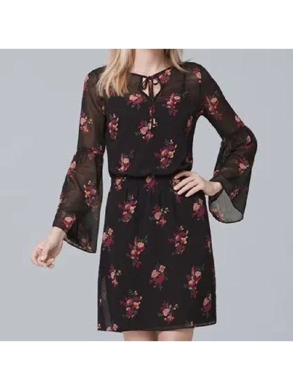 White House Black Market Black Floral Dress Bell Sleeve Pink Size Small Sheer